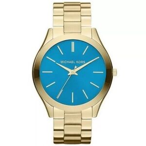 Michael Kors MK3265 Gold Tone Slim Runway Turquoise Blue Dial Watch
